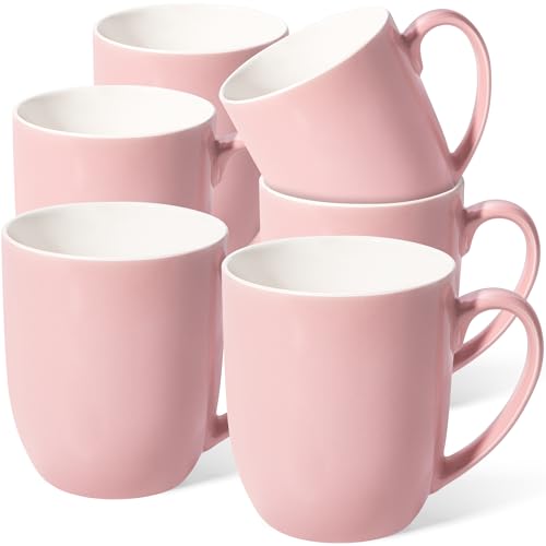 Large Ceramic Coffee Mugs Set of 6 16oz(475ml) Tea Cups Idea Gifts Pink | Microwave & Dishwasher Safe Sturdy Resistance to Staining Comfortable Handle Cups for Latte Hot Tea Cappuccino Mocha Cocoa - color: Pink