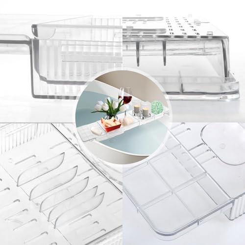 Expandable Bathtub Caddy Tray, 56.5cm to 80.5cm Adjustable Length Clear Bathtub Tray, Plastic Drain Bath Shelf Caddy, Nonslip Multifunctional Bathtub Storage Rack for Candle Towel Book