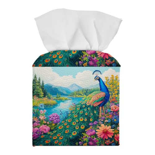 Tissue Box Cover Square, PU Leather Tissue Box Holder for Bathroom, Living Room & Office Desk, Peacock in Vibrant Wildflower Meadow, Decorative Modern Tissue Box Cover - color: Peacock in Vibrant Wildflower Meadow