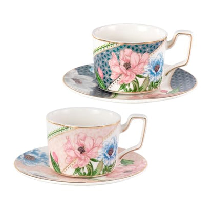 KAMMAK Tea Cups and Saucers Set of 2, Porcelain Coffee Cups, NX045 | Gold Rim, Stackable Espresso Mugs, Ceramic Demitasse for Coffee, Latte, Americano, Afternoon Tea, Elegant Gift for Women - size: 8CZNX045+46