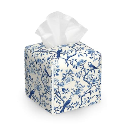 Blue Flowers Tissue Box Cover, Birds Tissue Box Holder Waterproof Leather Facial Paper Organizer Dispenser for Bathroom Home Car Nightstand Vanity - color: Blue Flowers Birds
