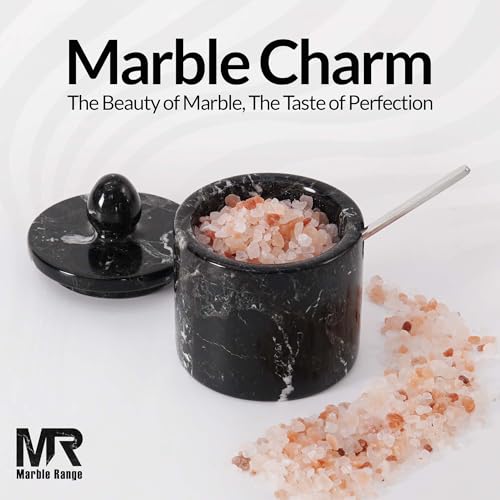 Marble Salt Cellar with Lid 4" Inch Black Handmade Salt Jar & Spice Storage Containers For Kitchen Countertop, Ideal Sugar Bowl & Salt dish For Table - color: Black