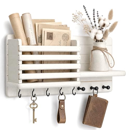 Rebee Vision Key Holder Wall Mount with Mail Slot for Hoom Decor, White | Pine Wood, Key Holder for Wall, Storage Shelf, 8 Key Hooks, Dog Leash Storage, Mail Organizer, key Hanger Apartment Aesthetic - color: White