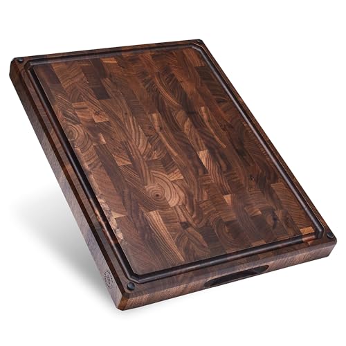 Sonder Los Angeles Alfred Cutting Board, End Grain Walnut, 17x13x1.5 in | Made in USA, Non-toxic, Non-Slip Feet, Juice Groove & Sorting Compartments, Built-in Handles, Gift Box Included, 7.5 lbs - color: Alfred | Black Walnut | End Grain