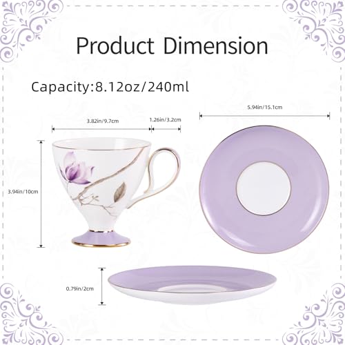 KAMMAK Ceramic Coffee Cups Saucers Set of 2, Porcelain Espresso Cups with Saucers, 8.12 oz Handcrafted Elegant Bone China Tea Cups, Purple Hibiscus & Iris Flower Pattern Teacup for Party, Office, Gift - color: Strolling in the Flower Garden (Hibiscus + Ir