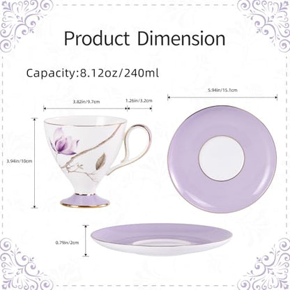 KAMMAK Ceramic Coffee Cups Saucers Set of 2, Porcelain Espresso Cups with Saucers, 8.12 oz Handcrafted Elegant Bone China Tea Cups, Purple Hibiscus & Iris Flower Pattern Teacup for Party, Office, Gift - color: Strolling in the Flower Garden (Hibiscus + Ir