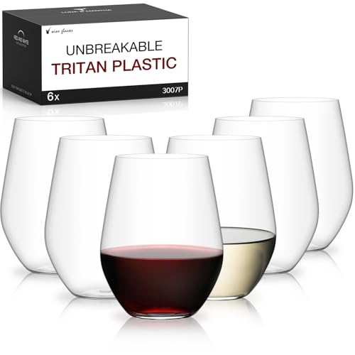 Plastic Stemless Wine Glasses Set of 6, Reusable BPA-Free Tritan Plastic Wine Cups, Unbreakable Wine Glasses for Outdoor Use, Poolside, Party, Camping, 16-Ounce, Lightweight
