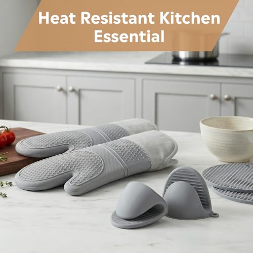 Silicone Oven Mitts and Pot Holders Sets, 6 Piece Kitchen Set | 2 Oven Mitts, 2 Mini Gloves, 2 Pot Holders, Heat Resistant Non Slip Silicone, Ideal for Cooking & Grilling - color: 2 Pot Holders, 2 Oven Mitts, 2 Mini Gloves