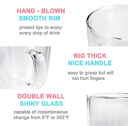 19 oz Double Wall Glass Coffee Mug, Borosilicate Clear Tea Cup with Handle | Large Latte Cappuccino Espresso