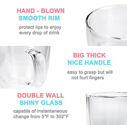 19 oz Double Wall Glass Coffee Mug, Borosilicate Clear Tea Cup with Handle | Large Latte Cappuccino Espresso