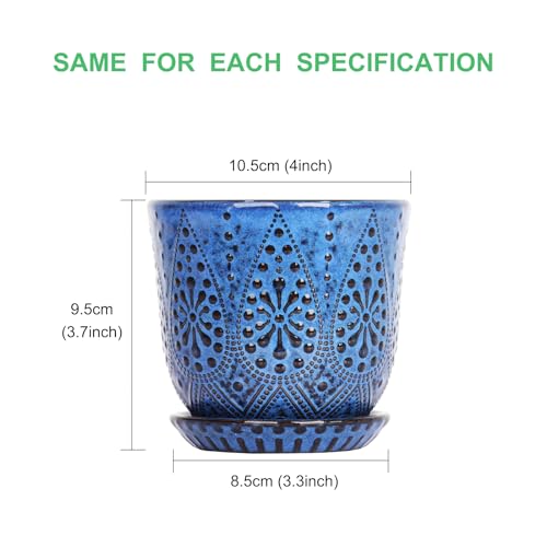 Gepege Ceramic Succulent Pots, 4 Inch Small Plant Pots with Drainage | Ceramic succulent pots with drainage holes, ceramic saucers and mesh pads, set of 4, ideal for cactus and succulents - color: Blue, size: 4 Inch - Set of 4