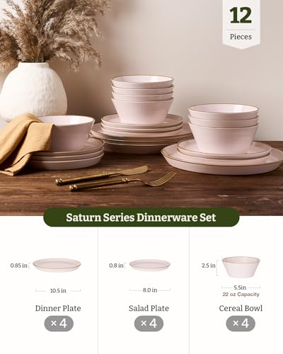 Famiware Saturn Dinnerware Sets, Ceramic Dishes for 4, Rimmed Plates, Bowls | Light Pink, 12-Piece Microwave and Dishwasher Safe Stoneware, Chip & Scratch Resistant, Modern Rustic Tableware, Everyday Use - color: Light Pink, size: 12
