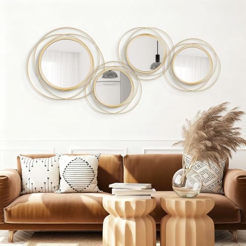 4 Set Circle Mirrors for Wall Decor Living Room Bedroom Entryway | Metal Round Mirror Decorative Hanging Mirrors Sun Bohemian Geometric Accent Sculpture Gold 11 In/9.2 in - color: Gold, size: Medium