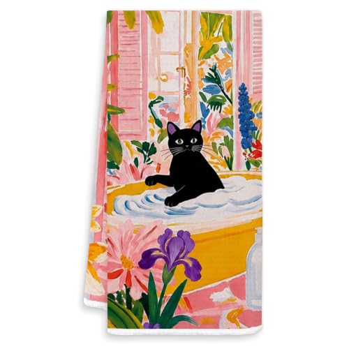 Tropical Floral Black Cat Bathroom Hand Towels 16x24 in YSZ-t | Black Cat Bathroom Decor, Maximalist Pink Dopamine Jungle Botanical Cat Decorative Hand Towels for Bathroom - color: White- Botanical Cat