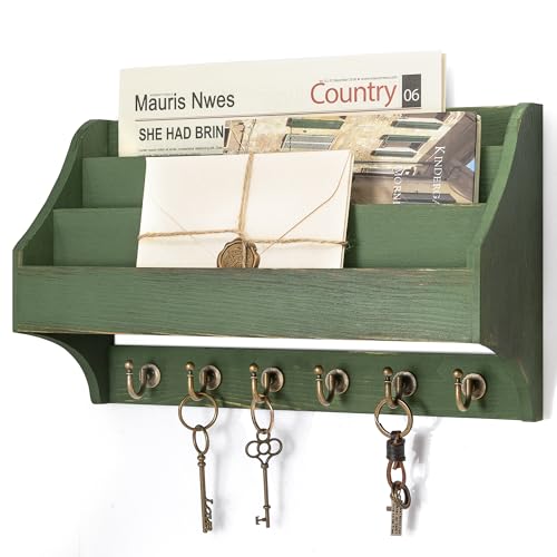 Rebee Vision Mail Organizer Wall Mounted with Mail Slot for Letters, Green | Pine Wood, Key Holder Wall Mount, 3-Tier Mail Slots, Sturdy Key Hooks, Mail Organizer Wall Mount, Sunglasses Storage - color: Green