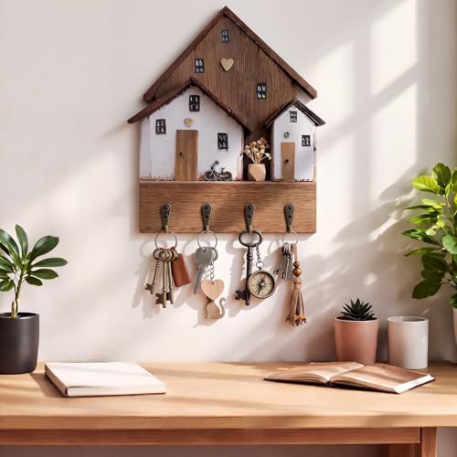 Cute Key Holder for Wall, Rustic Key Rack Wall Mount Decorative Wooden Hooks House Shaped Boho Hat Purse Rack with 4 Hooks for Hanging Entryway Front Door Hallway Bedroom