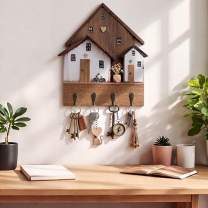 Cute Key Holder for Wall, Rustic Key Rack Wall Mount Decorative Wooden Hooks House Shaped Boho Hat Purse Rack with 4 Hooks for Hanging Entryway Front Door Hallway Bedroom