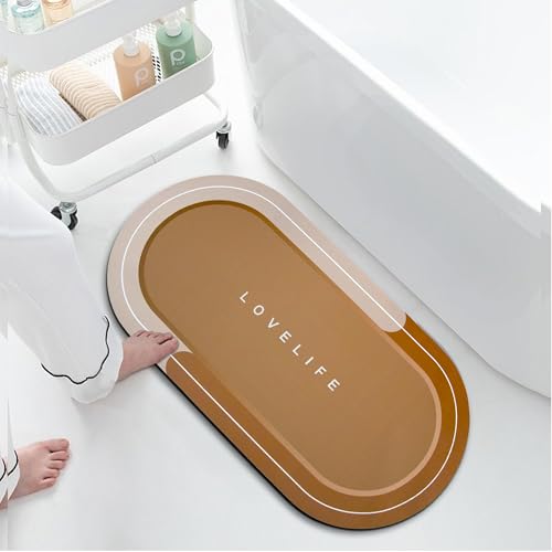 Rubber Bath mats Quick-Drying Non-Slip Bathroom mat Super Absorbent Bath mat Instant Dry Bath mat, Bathroom Rug in Front of The Kitchen Sink, Shower Room, Bathtub, Oval(Brown+16.9x35.4in) - color: Brown, size: 16.9x35.4in