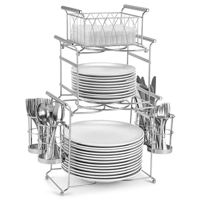 Sorbus Buffet Caddy — 7-Piece Stackable Set Includes Plate, Napkin, and Silverware Holder, 3-Tier Detachable Tabletop Organizer Ideal for Kitchen, Dining, Entertaining, Parties, Thanksgiving (Silver) - color: Silver