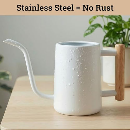 Metal Small Indoor Watering Can with Long Spout & Real Wood Handle, 35oz | Long Spout, Stainless Steel, Real Wood Handle, Gentle Flow, No Spills, Suitable for House Plants, Succulents & Seedlings - color: White