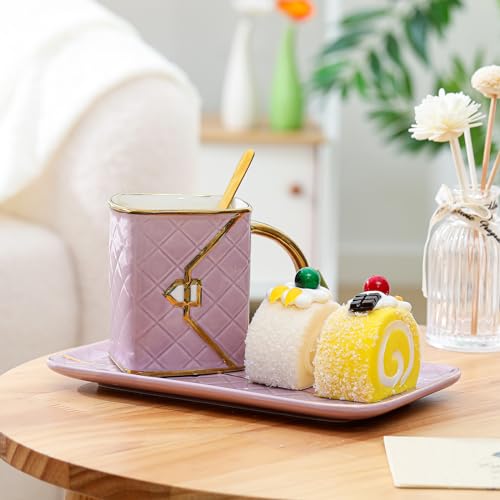 Zubebe 1 Set Coffee Mug Elegant Handbag Shaped Cup Modern Ceramic Purse Mug with Spoon and Saucer, 10oz Cute Creative Tea Cup for Woman Girls Gift (Purple) - color: Purple