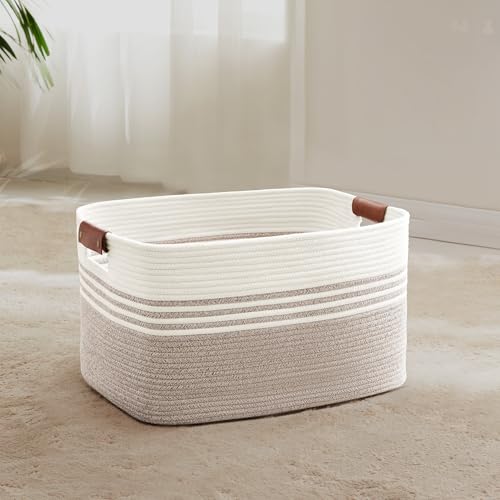 45L Small Woven Laundry Basket Hamper with Leather Handles,Brown | 18"x14"x11", collapsible wicker hamper, storage for dirty clothes, toys, blankets, gifts, living room, bedroom, bathroom - color: Brown, size: 45L