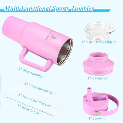 40 oz Tumbler with Handle and Straw or Convert to 40 oz Insulated Water Bottle Fits in Cup Holder. Stainless Steel Metal Water Flask with 2 Lids for Travel,Camping,Gym Sports Coffee Mug Thermal Cup - color: Lavender Purple