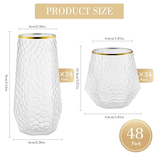 48 Pack Plastic Wine Glasses – 24 x 9oz Stemless Champagne Flutes & 24 x 12oz Disposable Wine Glasses – Plastic Cups with Gold Rim – BPA-Free Drinkware for Weddings, Parties (Gold Rim Hammered) - color: Gold Rim Spiral