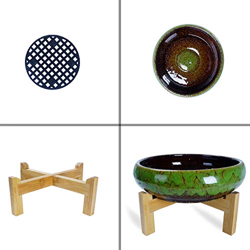 ARTKETTY Large Succulent Pots with Drainage 10 inch Succulent Planters with Planting Tools Set & 2.2lb Mix Pebbles - Ceramic Bonsai Pot for Indoor Succulent Plants Cactus Flower Planter - color: Green With Mix Lava Rock Pebbles
