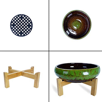 ARTKETTY Large Succulent Pots with Drainage 10 inch Succulent Planters with Planting Tools Set & 2.2lb Mix Pebbles - Ceramic Bonsai Pot for Indoor Succulent Plants Cactus Flower Planter - color: Green With Mix Lava Rock Pebbles