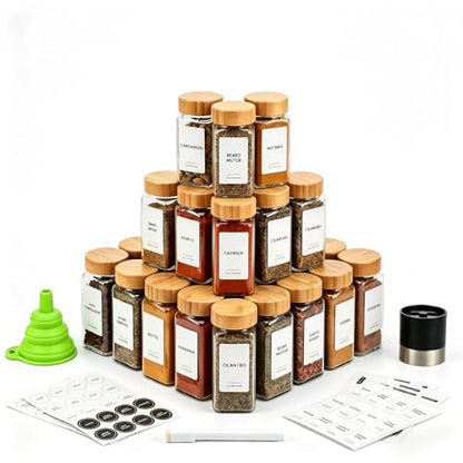 Spice Jar Set, 24 Pcs 4oz Glass Spice Jars with Labels and Bamboo Lids, Square Spice Bottles with Shaker Lids for Cabinet, Drawer, Pantry and Spice Rack Organization