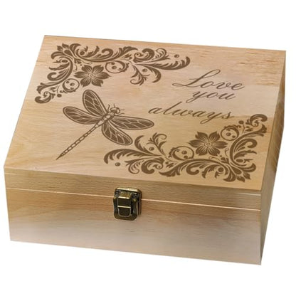 arricraft Dragonfly Theme Wooden Memory Keepsake Box, Love You Always Metal Knot Box with Hinged Lid and Lock Decorative Storage Box Stash Box for Photo Letter Souvenir Jewelry 7.6x9.6x4inch