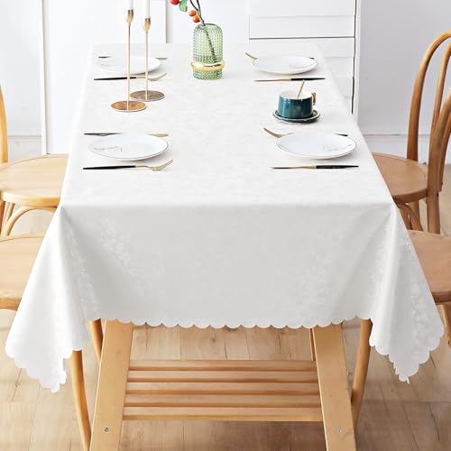 Smiry Rectangle Table Cloth, Waterproof Heavy Duty Vinyl Tablecloths, Wipeable Washable Table Cover for Kitchen and Dining Room (White, 60" X 84") | Wipeable Washable Floral Embossed Table Cover for Kitchen and Dining Room, Indoor & Outdoor Use, White - c