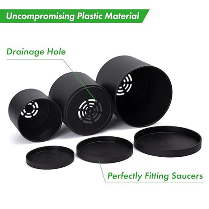 D'vine Dev 3-Pack Plastic Pots & Saucers, 4.5/5.5/6.5 in, Black, 74-V-B-2 | Multi-Size Options, Lightweight Durable, Matte Finish, Cylinder Shape, Drainage Holes, Sleek Design, Detachable Saucer - color: Matte Black, size: Small Plus