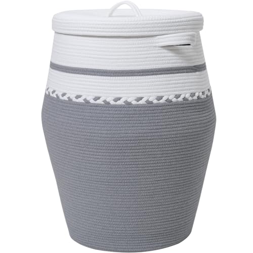 26"x20" Extra Large Tall Woven Laundry Basket with Lid, Cotton Rope Blanket Storage Basket, Freestanding Decorative Bin for Bedroom Living Room, White & Grey - color: White/Grey, size: 26"x20"