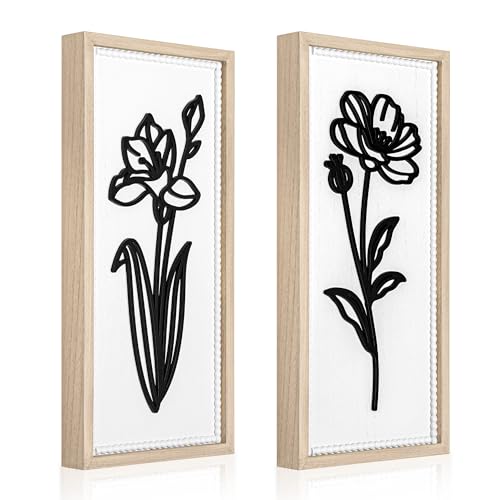 White Floral Bathroom Wall Decor Set of 2, Wood-Framed 3D Wall Art Panels | Raised floral cutouts in rectangular frames, ready to hang; neutral boho farmhouse decor for bedrooms, hallways and entryways - color: White-2 Rect