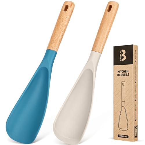Cooking Spoon for Nonstick Cookwares, Great for Cooking and Serving Sturdy BPA-Free Matte Silicone, Wood Handle Spoon for Mixing, Scoop, and Scrape (Khaki & Turquoise, 11.4 inch) - color: Khaki & Turquoise, size: 11.4 inch
