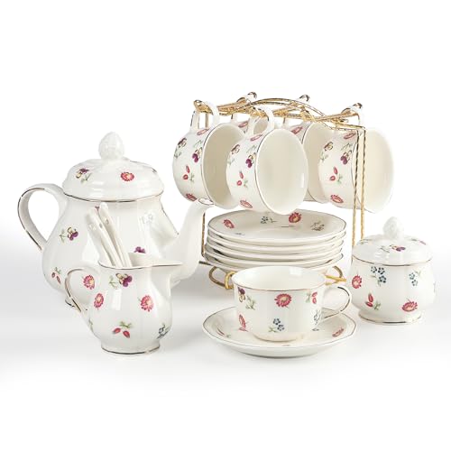 Sweejar 23 Pcs Floral Tea Sets with Metal Holder, Relief Gold Rim Porcelain Tea Sets for Adults, Cup and Saucer Set for 6, with Teapot, Sugar Bowl, Milk Jug, Spoons (Garden) - color: Garden
