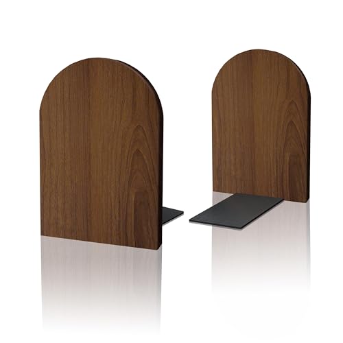 Brosisincorp Walnut Wood Large Book Ends for Shelves, Non-Skid Pad, 1 Pair | 6.69"Hx4.72"Wx3.94"L, Heavy Duty Wooden Bookend with Steel Base for Vinyl Records Office Home Decorative, Hand Polished Edges - color: 1 Pairs-round