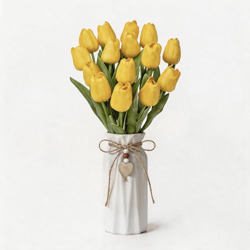 Artificial Tulip Flower Arrangement in Ceramic Vase with Rustic Heart Charm, 15 PCS PU Real Touch Faux Floral Table Centerpiece for Home, Dining Table, Wedding Décor, Yellow - color: Yellow
