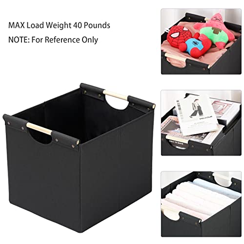HOONEX Large Collapsible Storage Bins, Linen Fabric, Pack of 2, Storage Baskets with Wooden Carry Handles and Sturdy Heavy Cardboard, for Home, Office, Car, Nursery, Black - color: Black