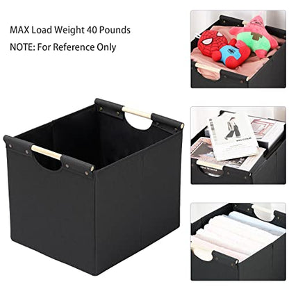 HOONEX Large Collapsible Storage Bins, Linen Fabric, Pack of 2, Storage Baskets with Wooden Carry Handles and Sturdy Heavy Cardboard, for Home, Office, Car, Nursery, Black - color: Black