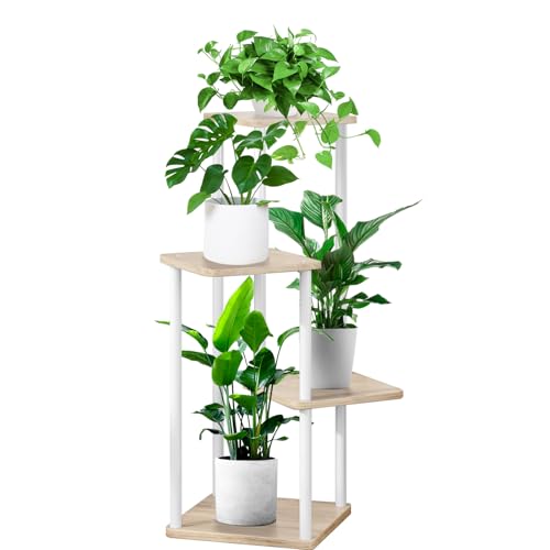 4 Tier Plant Stand Indoor, Thickened Metal Wood Corner Plant Shelf Stands for Multiple Plants, Indoor Tall Plants Stand Tiered Flower Holder for Living Room Patio Garden Balcony(White+Oak) - color: White+Oak, size: 4 Tier