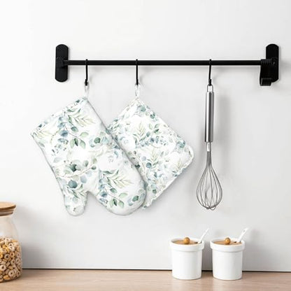 Eucalyptus Leaf Oven Mitts and Pot Holders Sets for Kitchen Silicone Sage Green Botanical Watercolor Plants Oven Gloves Heat Resistant Oven Mitts with 2 Non-Slip Pads Kitchen Gloves for BBQ - color: White Green
