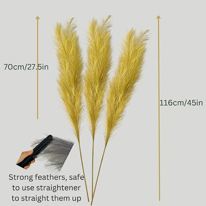 RyddeligHome Gold Pampas Grass Decor, 3 Stems x 115cm/45in | Faux Pampas Grass Tall Large Fluffy, Gold Feathers Floral Picks, Living Room Holiday Decor, Home Accent Decor