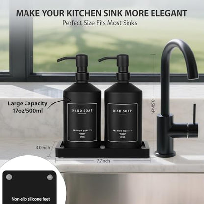 Matte Black Soap Dispenser Set, 17 OZ Hand and Dish Soap Dispenser Set, Bathroom Refillable Soap and Lotion Dispenser Set with Stainless Pump, Modern Liquid Soap Bottle Set(Black Bottle/Black Pump) - color: Black Bottle + Black Pump