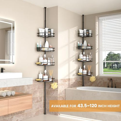 Adjustable Tension Pole Shower Caddy: Rustproof Corner Bathroom Organizer | 4-Tier 31-124" No Drill Standing Shelves Fits Apartments Rentals Bathroom Bathtub, for Shampoo, Conditioner, Bath Essentials