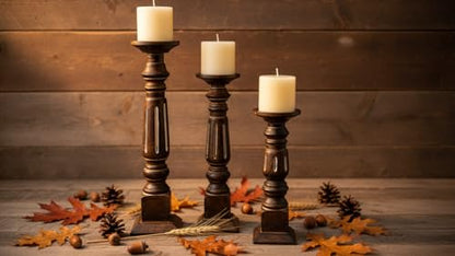 Pillar Candle Holders Set of 3, Candle Holders for Pillar Candle,Mango Wood Candle Holder for Coffee Dining Table, Wedding, Christmas, Halloween, Home Decoration,Brown