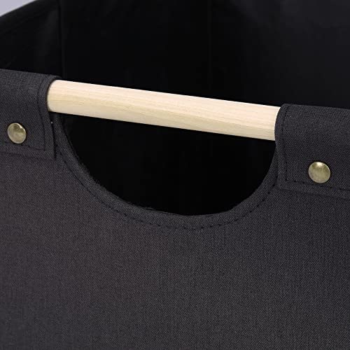 HOONEX Large Collapsible Storage Bins, Linen Fabric, Pack of 2, Storage Baskets with Wooden Carry Handles and Sturdy Heavy Cardboard, for Home, Office, Car, Nursery, Black - color: Black