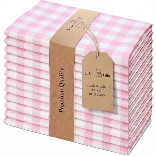 Urban Villa Cloth Napkins Cotton 12x12 (Set of 12) Pink/White - color: 017 Pink/White Checks, size: 20" x 20" (Set of 12)